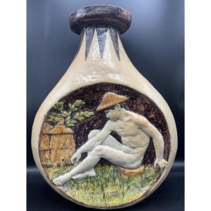 Max Claudet Polychrome Enameled Earthenware Gourd Vase Depicting Aristée.