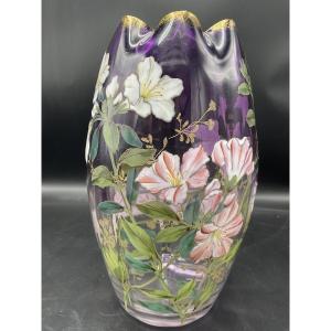 Legras Vase Made Of Polychrome Glass, Decorated With Enameled Hibiscus Flowers On A Gradient Purple Background