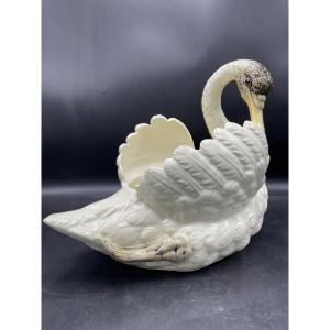 A Planter Depicting A Swan, Made Of Polychrome Barbotine, From The Jérôme Massier Workshop.