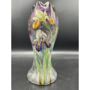 Legras Vase Made Of Polychrome Glass, Featuring An Enameled Design Of Water Irises On A Gradient Purple Background.