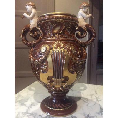 Lyre Vase In Polychrome Majolica Barbotine From Sarreguemines Model By Victor Kramer.