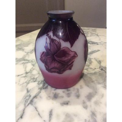 Belly Vase By André Delatte Decorated With Rose, Branches, Foliage On A Pink White Background.
