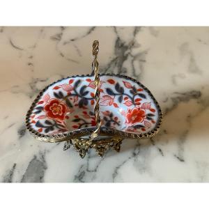 Bayeux Porcelain Basket Decorated With Carmine Red And Gold Flowers And Blue Leaves Carmine Blue And Gold, Gilded Brass Frame.