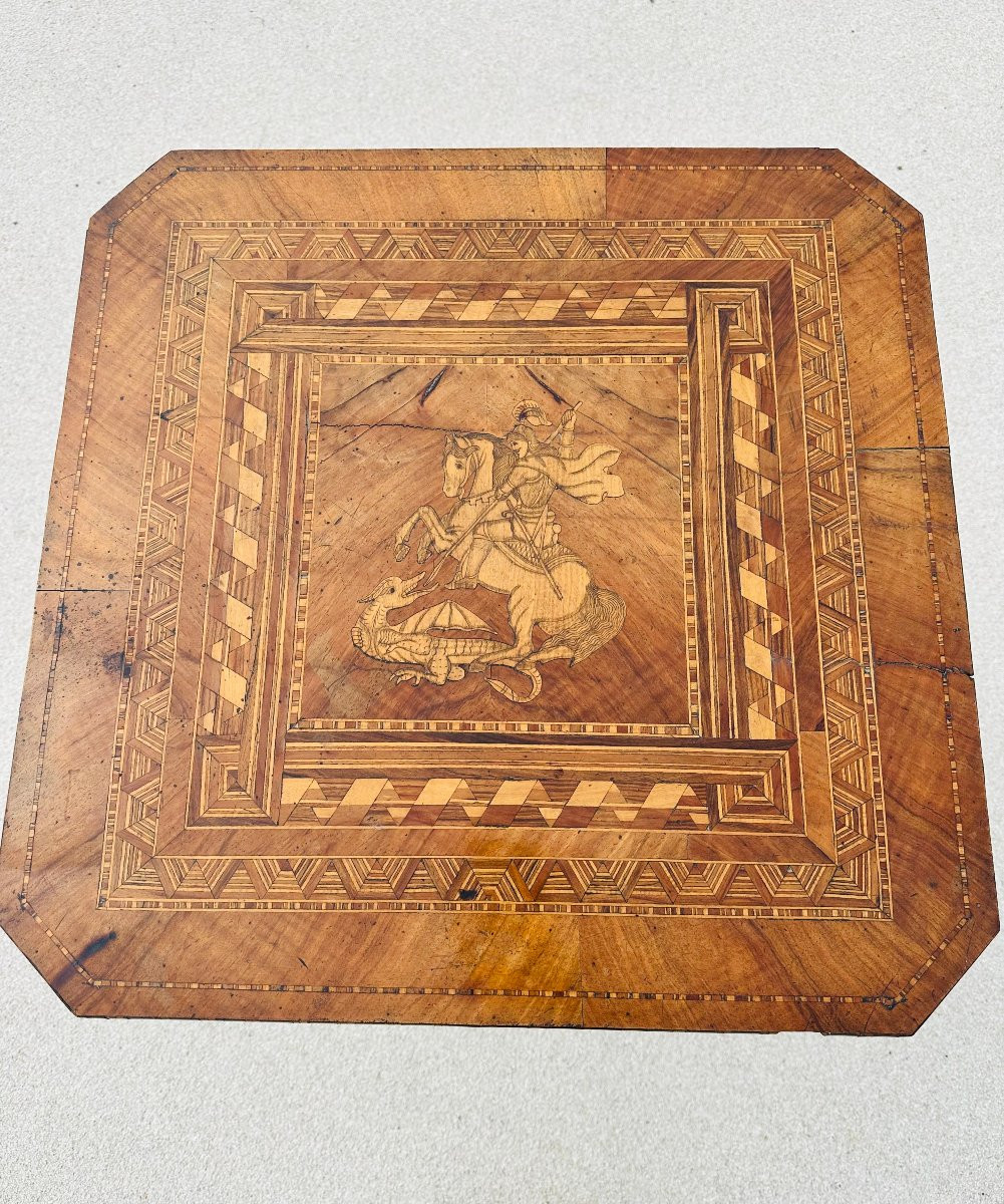 Guéridon Italien de Sorrento avec Marqueterie, Saint George avec Le Dragon, 19ème Siecle-photo-3