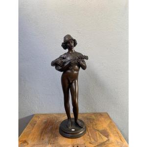 Bronze Sculpture Portraying A Florentine Musician. Author P. Dubois And Maison Barbedienne