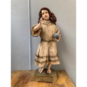 Enfant Jésus Art Sacré Napolitain Du XIXe Siècle En Bois Et Yeux En Verre Terre Cuite