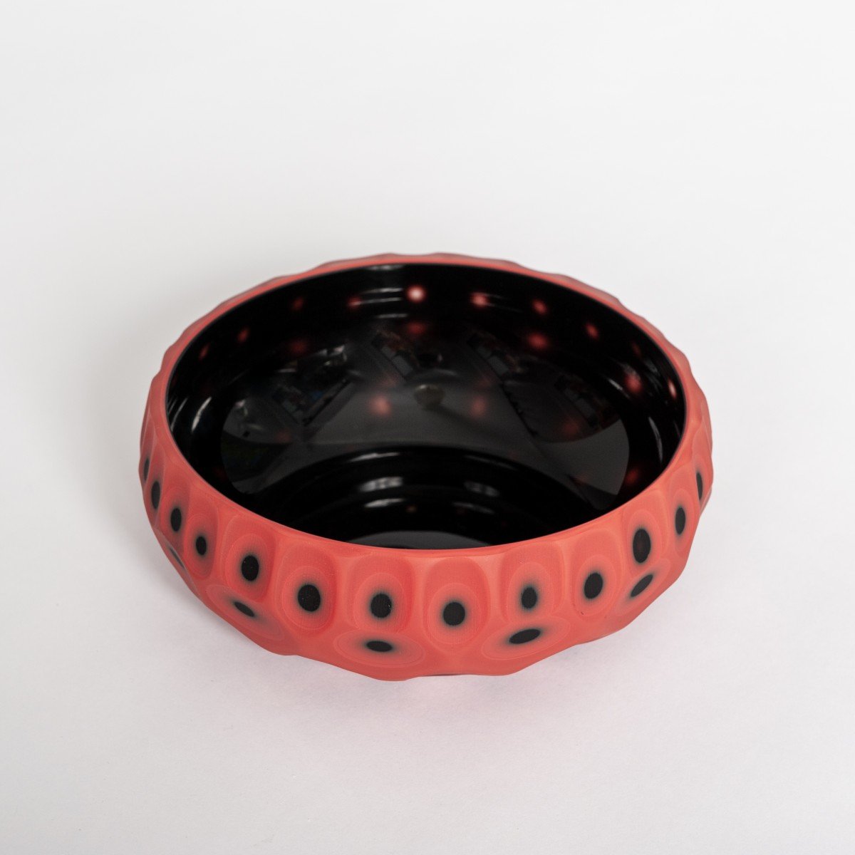 Pair Of Very Decorative Murano Glass Bowls In The Colors Coral-black With Matt Surface And Battuto Decor By Afro Celotto-photo-3