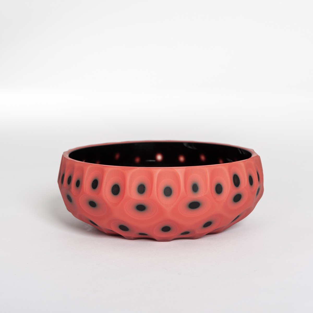 Pair Of Very Decorative Murano Glass Bowls In The Colors Coral-black With Matt Surface And Battuto Decor By Afro Celotto-photo-4