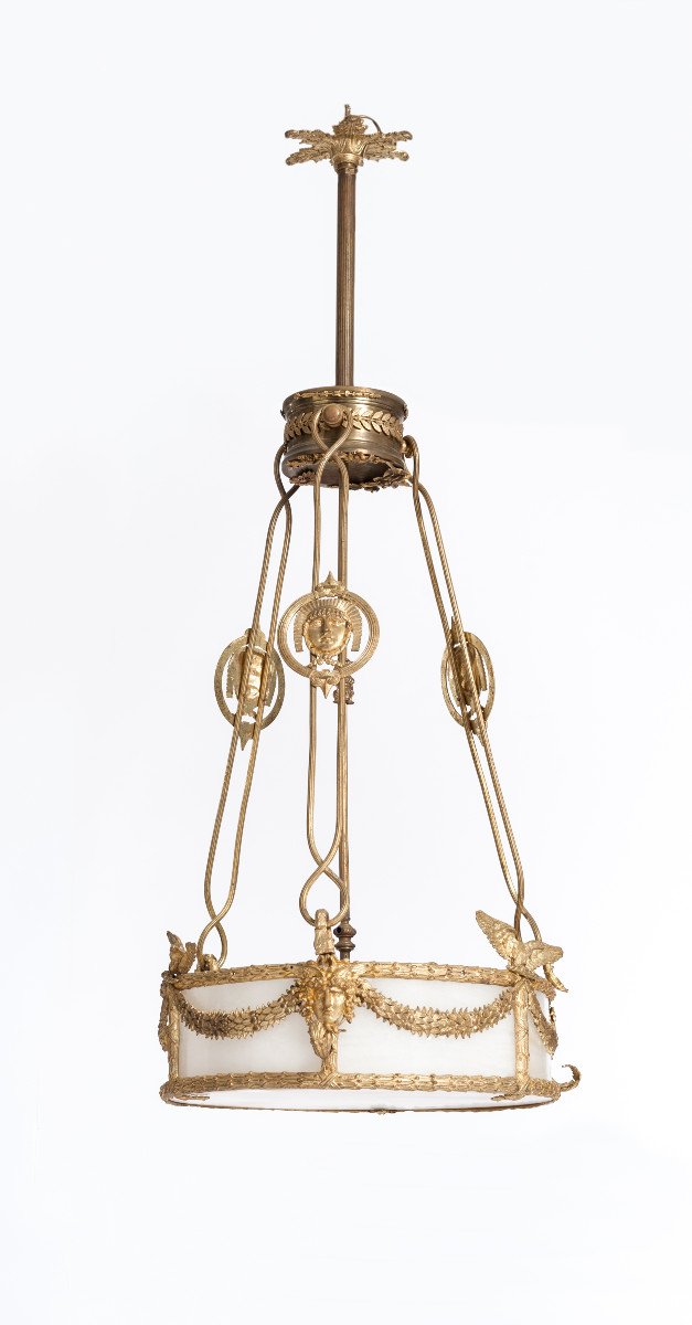 Impressive French Empire Chandelier, Firegilded Bronze With Alabaster 1830s-photo-2