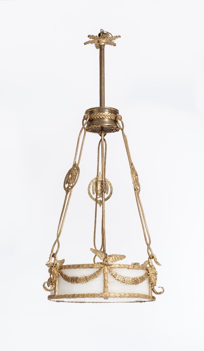 Impressive French Empire Chandelier, Firegilded Bronze With Alabaster 1830s