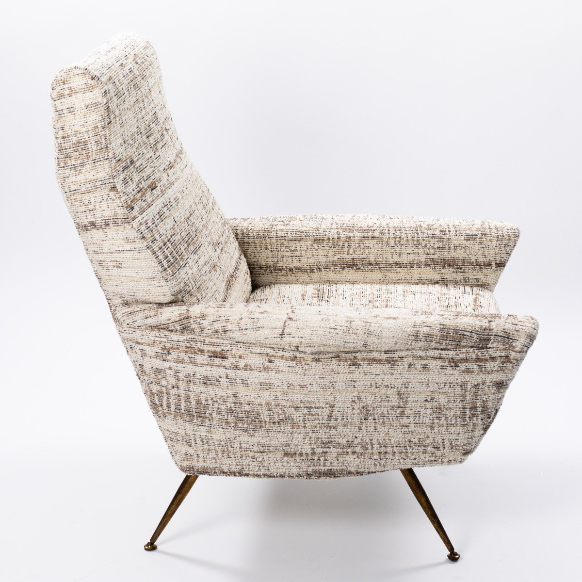 Fauteuil de forme linéaire italien du milieu du siècle, tissu bouclé blanc cassé, années 1950-photo-4