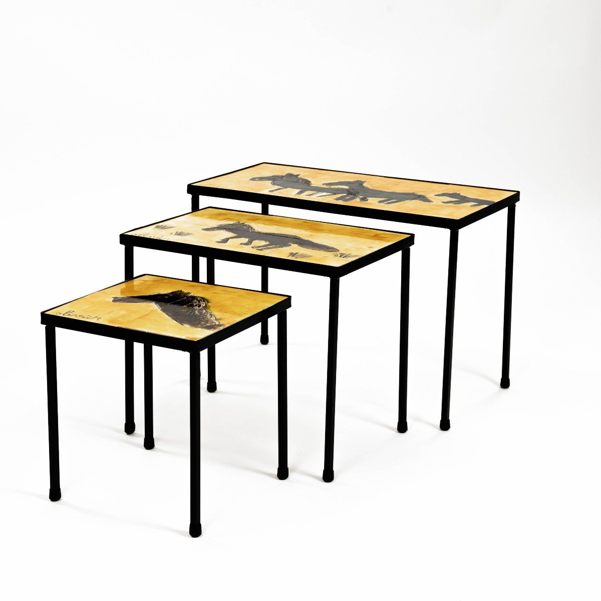 3 French Mid-century Ceramic Nesting Tables In Yellow-black, Signed Olivier-photo-2