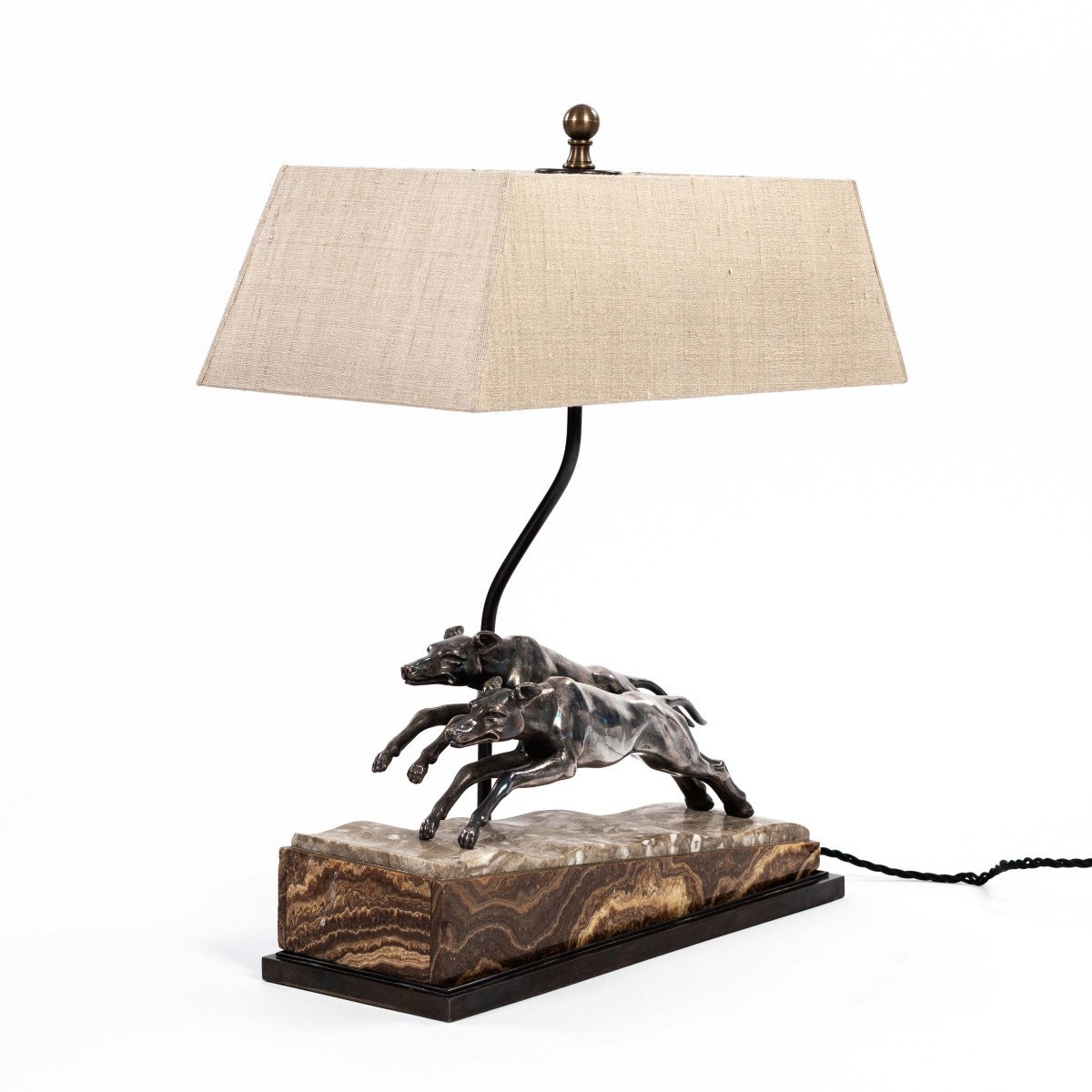French Art Déco Greyhound Table Lamp Bronze Silvered On Marble Base 1930s-photo-2