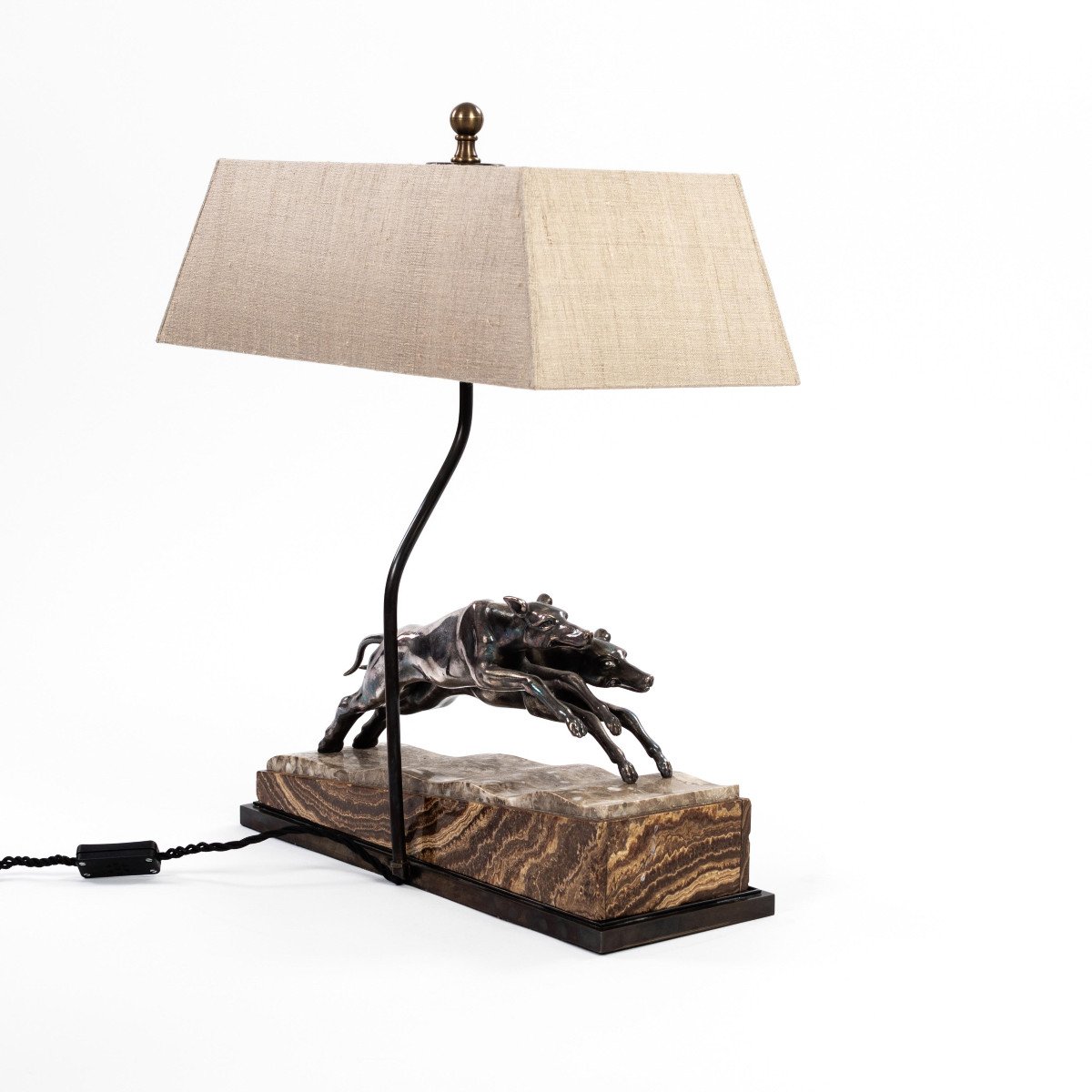 French Art Déco Greyhound Table Lamp Bronze Silvered On Marble Base 1930s-photo-3