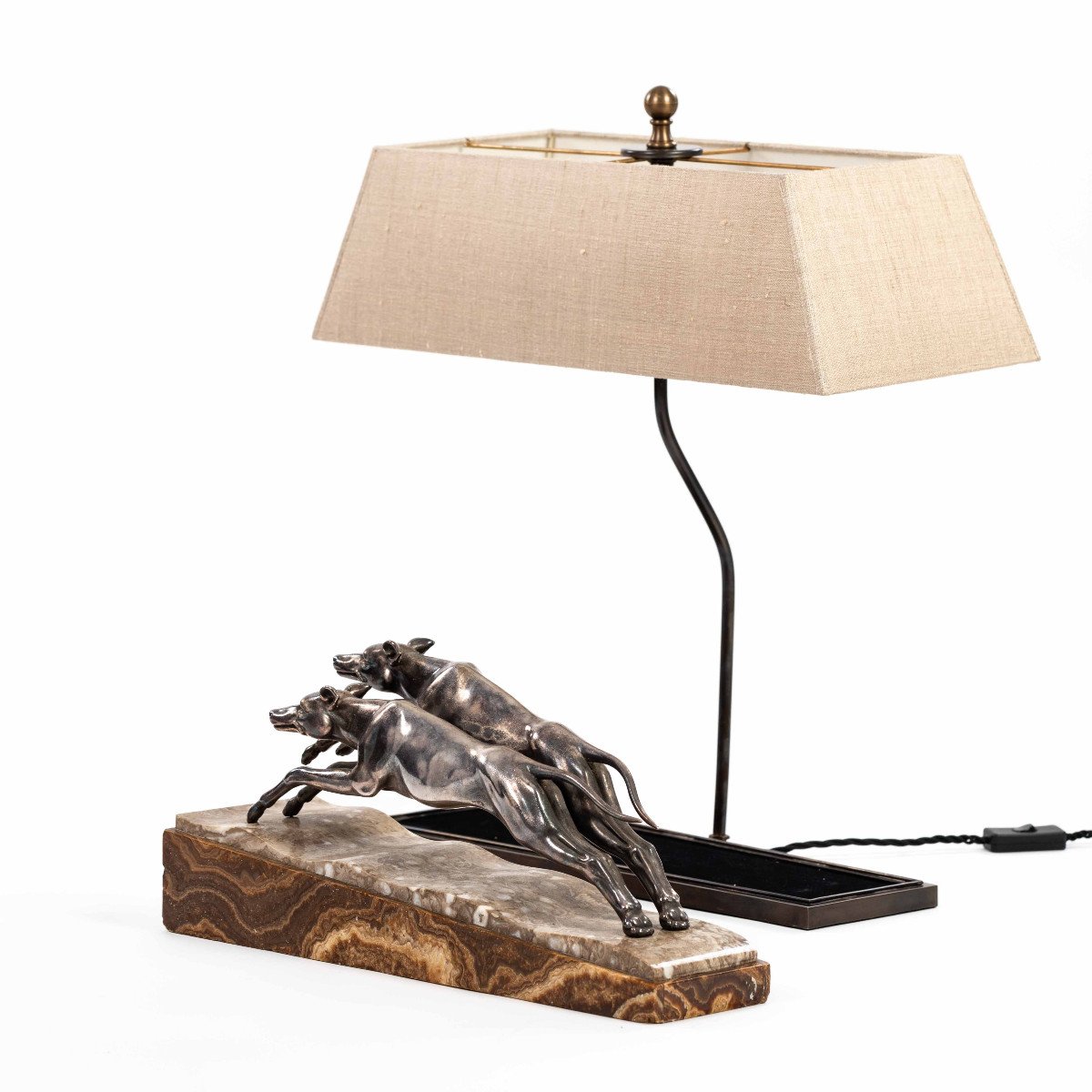 French Art Déco Greyhound Table Lamp Bronze Silvered On Marble Base 1930s-photo-1