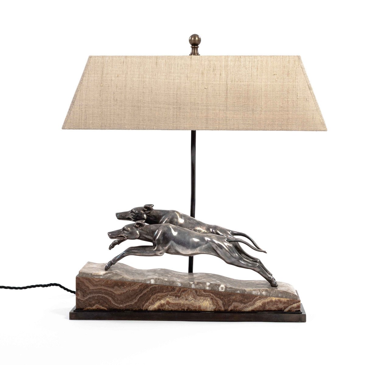 French Art Déco Greyhound Table Lamp Bronze Silvered On Marble Base 1930s