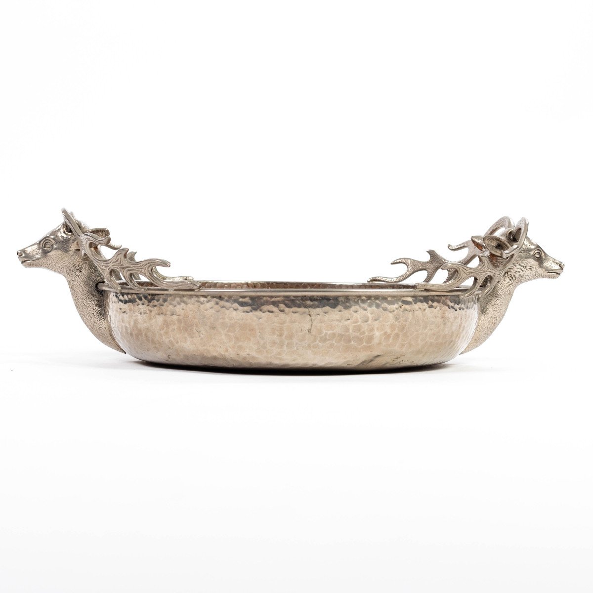 Italian Silver-plated Vintage Bowl With Stag Handles In The Style Of Gucci 1970s-photo-3