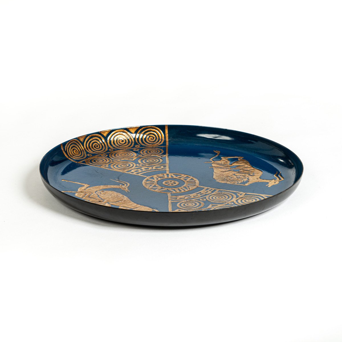 Mid-century Italian Metal Tray Turquoise-blue Base Color Gilded Ornaments 1950s-photo-1