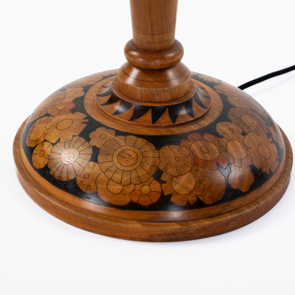 Lampe de table Art Déco en noyer à décor floral stylisé 1930s-photo-1