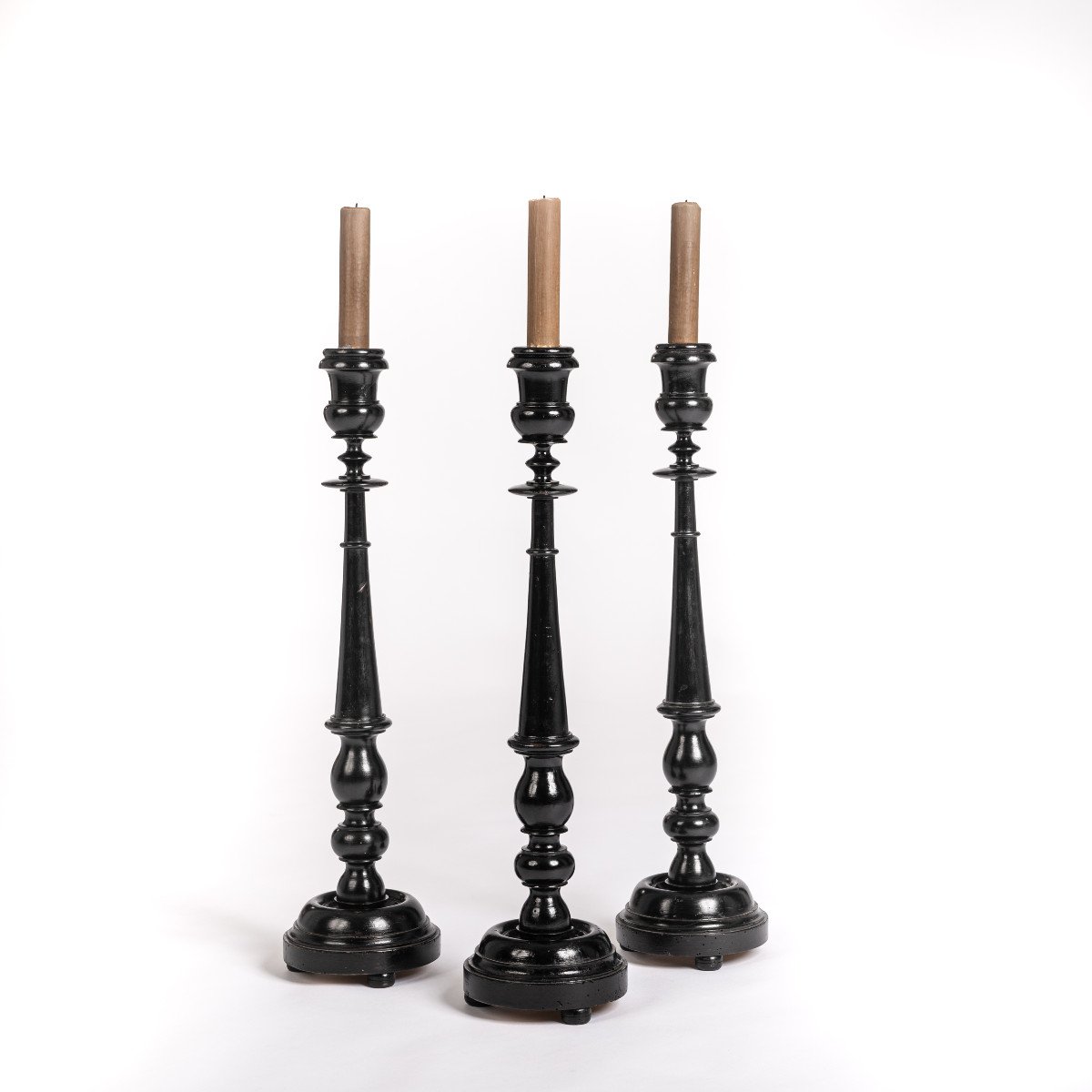 Set Of 3 High Black Ebonized Carved French Napoleon III Candlesticks 1860s