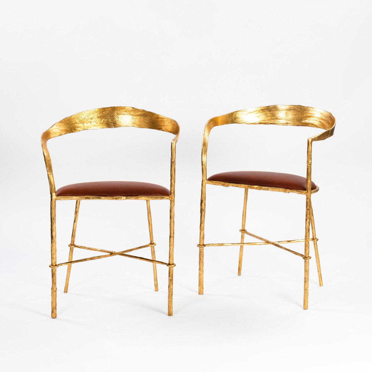 Pair Of Hand Forged Gold Plated Mid-century Armchairs By Banci Florence 1970s-photo-2
