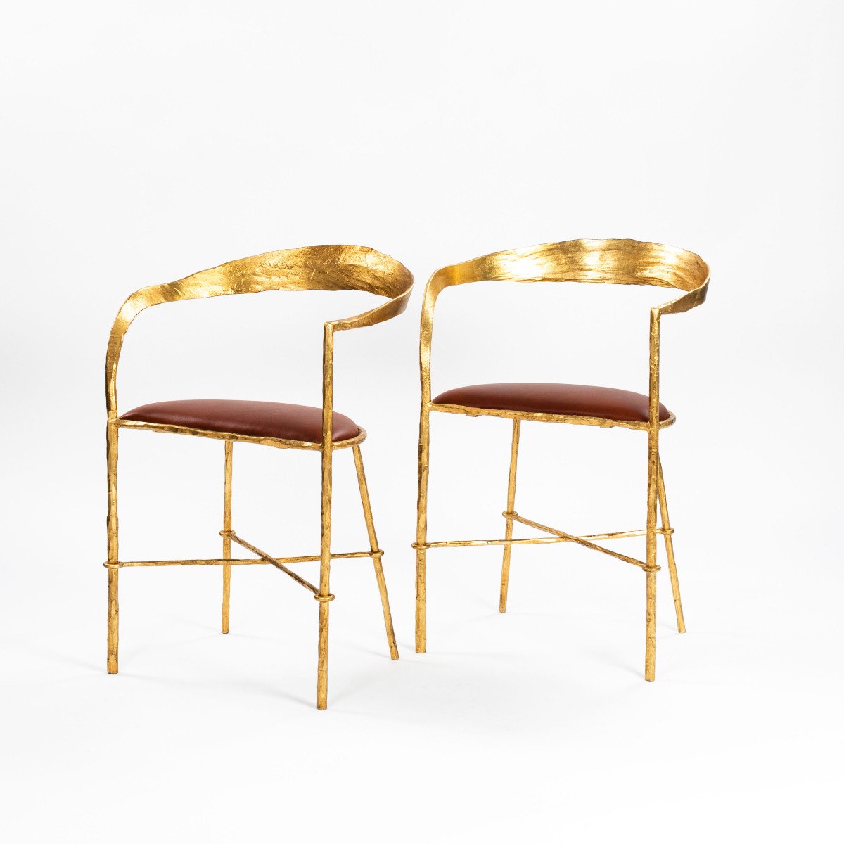 Pair Of Hand Forged Gold Plated Mid-century Armchairs By Banci Florence 1970s-photo-3