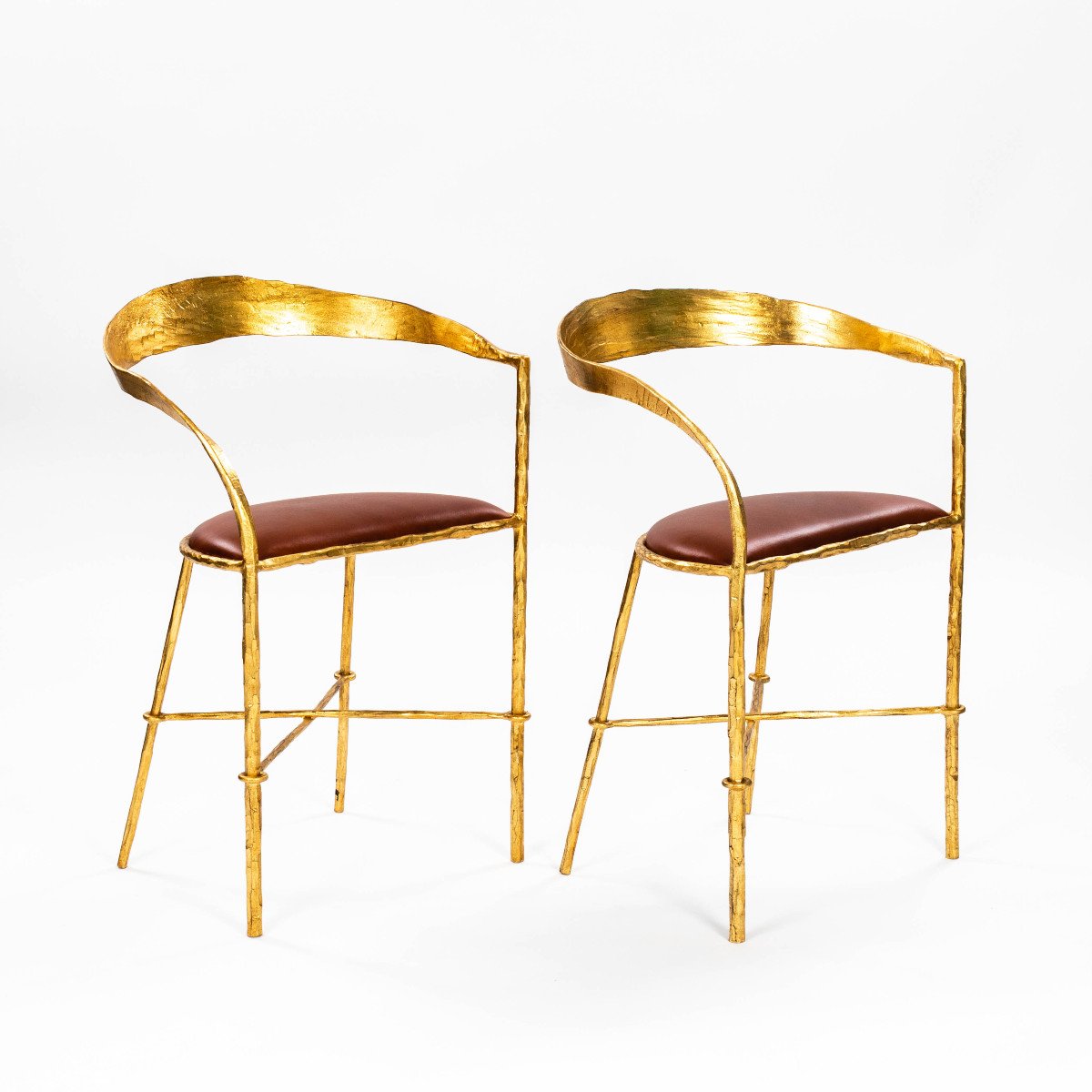 Pair Of Hand Forged Gold Plated Mid-century Armchairs By Banci Florence 1970s-photo-1