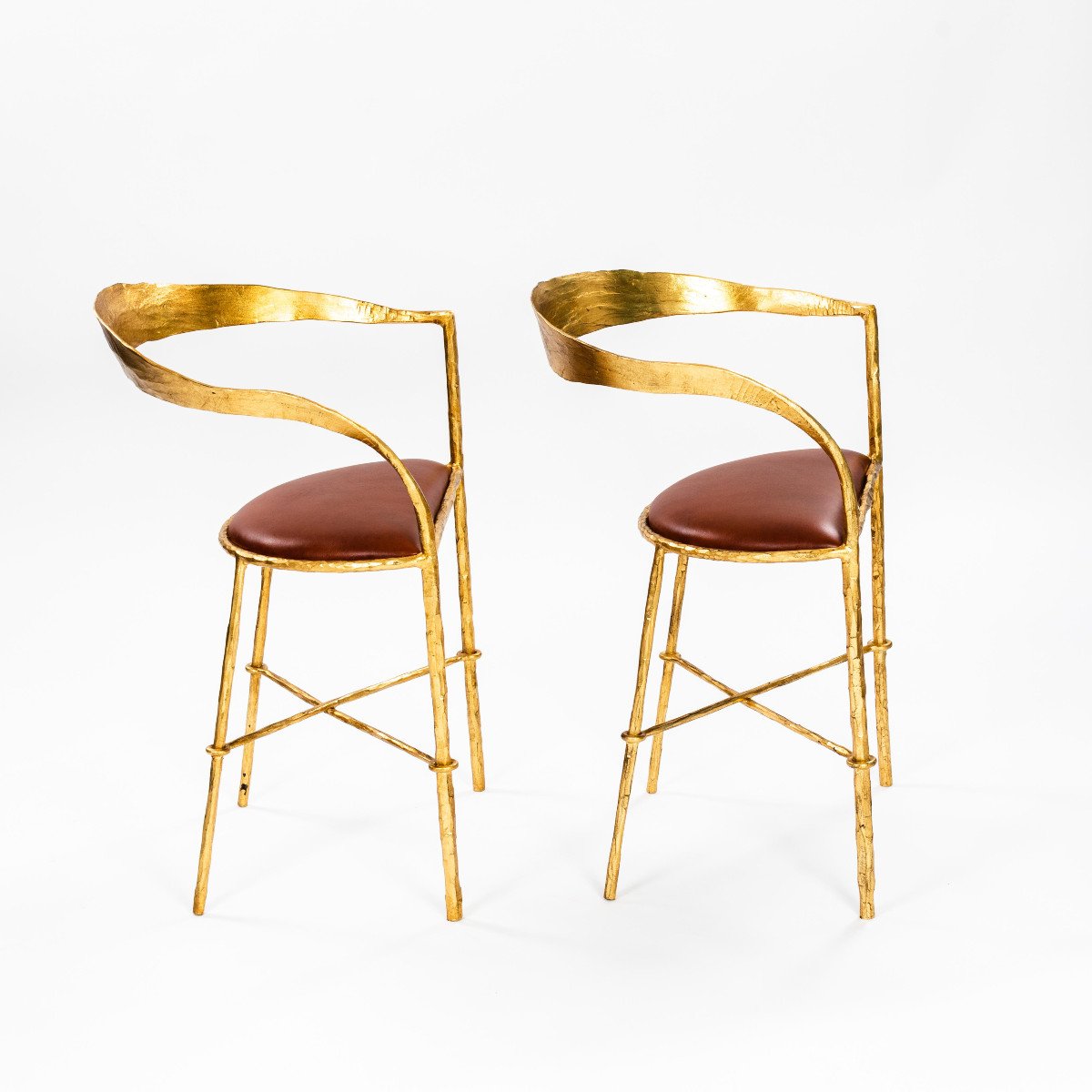 Pair Of Hand Forged Gold Plated Mid-century Armchairs By Banci Florence 1970s-photo-2