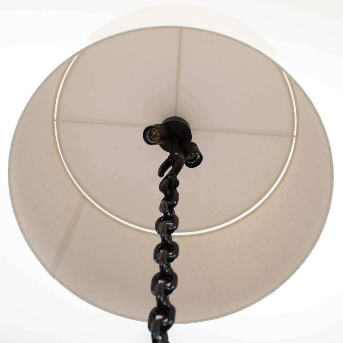 French Brutalist Mid-century Black Iron Chain Floor Lamp White Silk Shade 1960s-photo-3