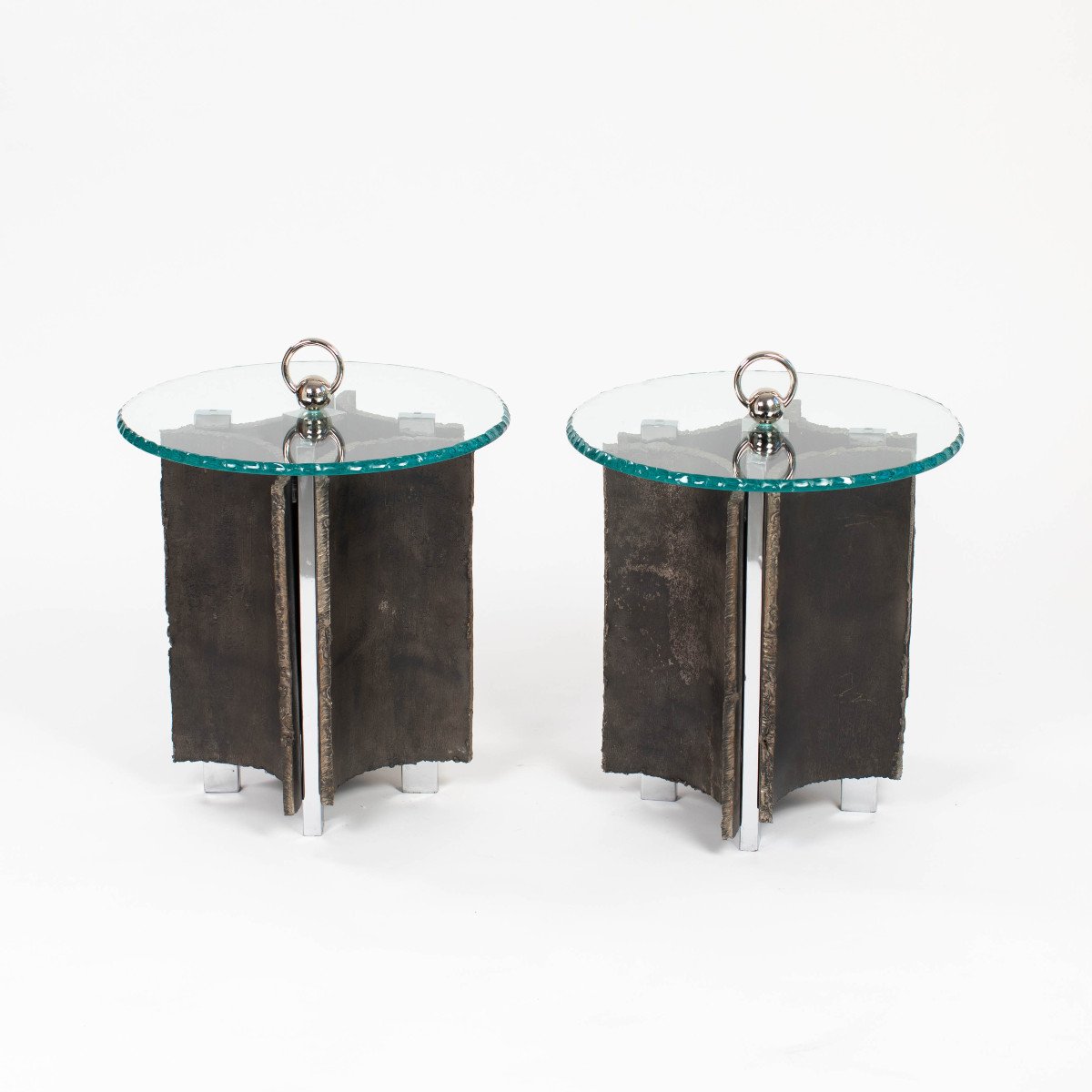 Tables d'appoint italiennes brutalistes du milieu du siècle, en fer, verre et nickel, par Banci-photo-2