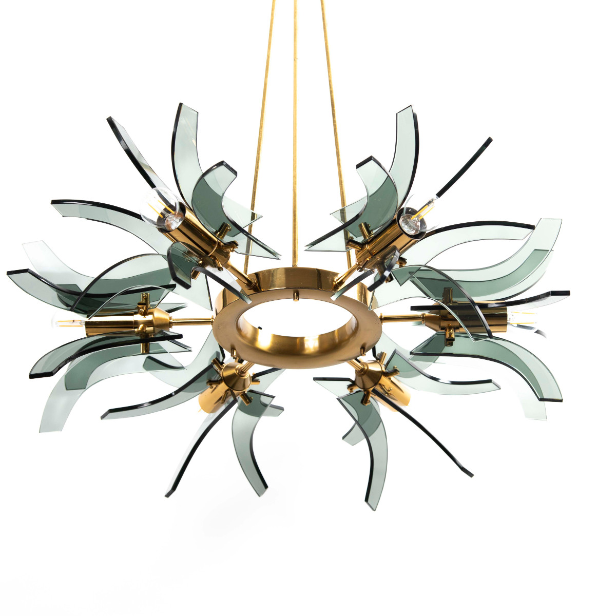 Lustre géométrique italien du milieu du siècle en laiton et verre par Gino Paroldo-photo-2