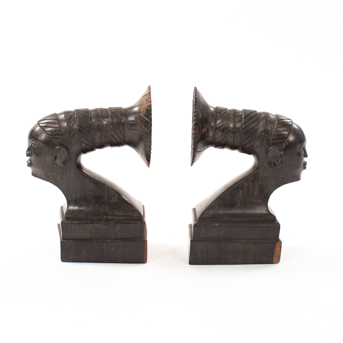 Serre-livres en ébène massif sculpté Art Déco français Têtes africaines sur socle Années 1920-photo-3