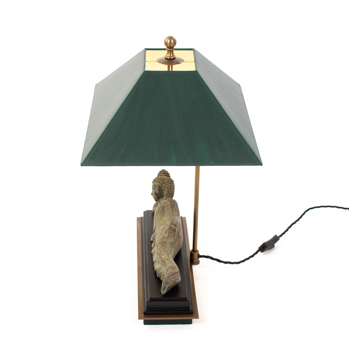 Lampe de table asiatique en bronze représentant un Bouddha avec abat-jour vert, Myanmar 1920s-photo-4