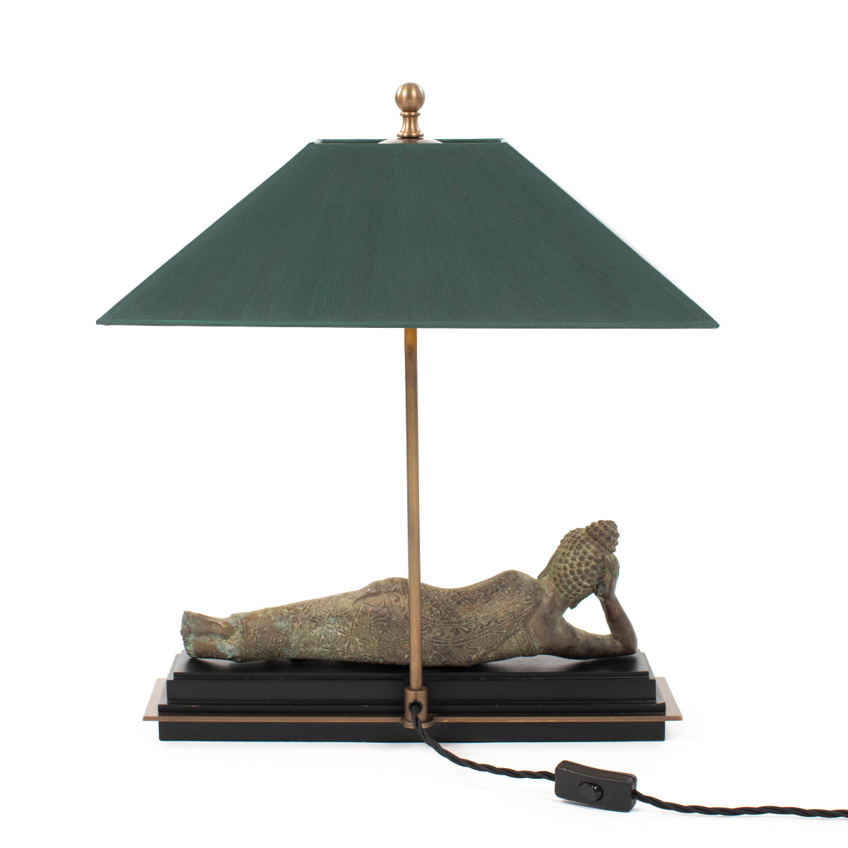 Lampe de table asiatique en bronze représentant un Bouddha avec abat-jour vert, Myanmar 1920s-photo-2