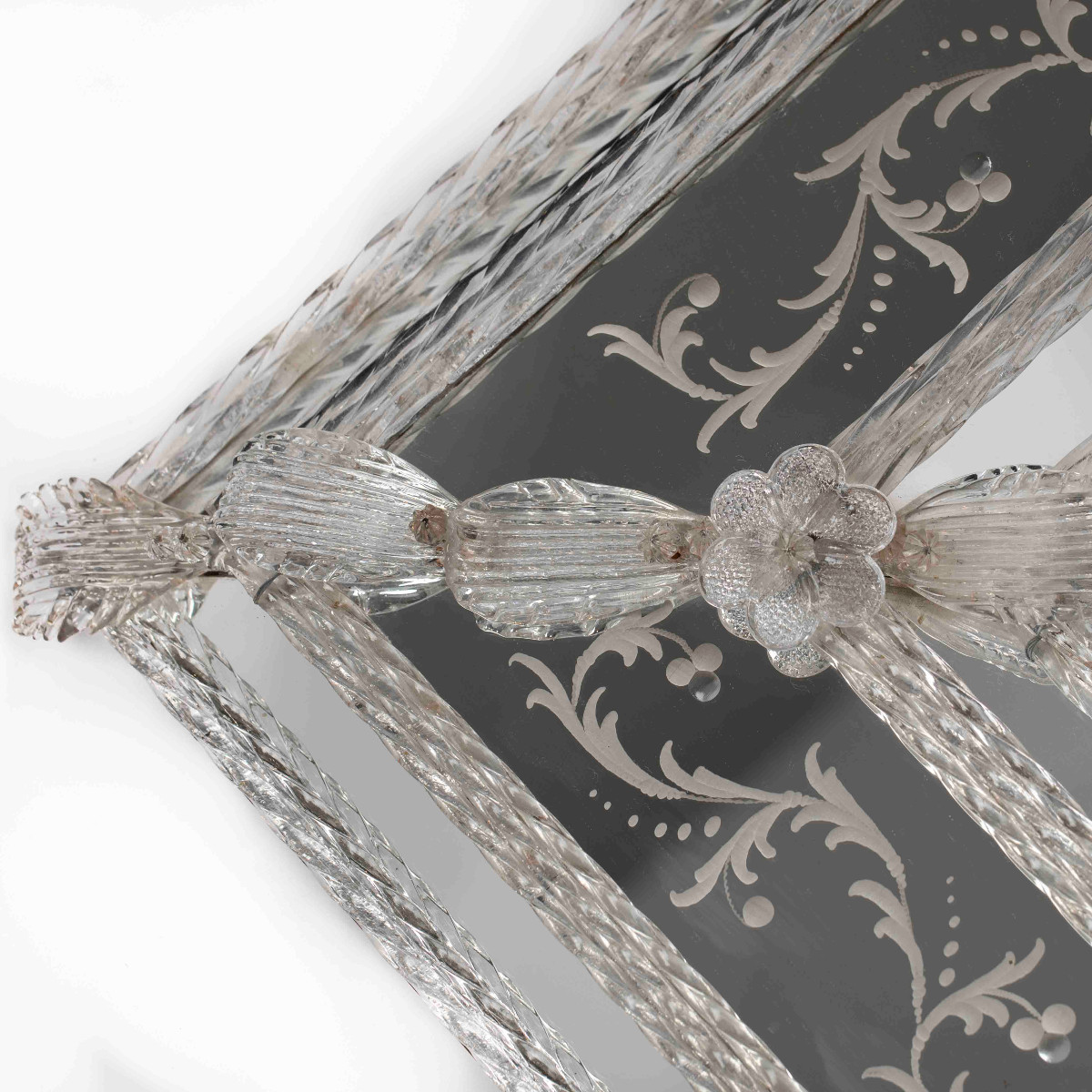 Miroir rectangulaire en verre de Murano italien du milieu du siècle avec décoration florale-photo-3