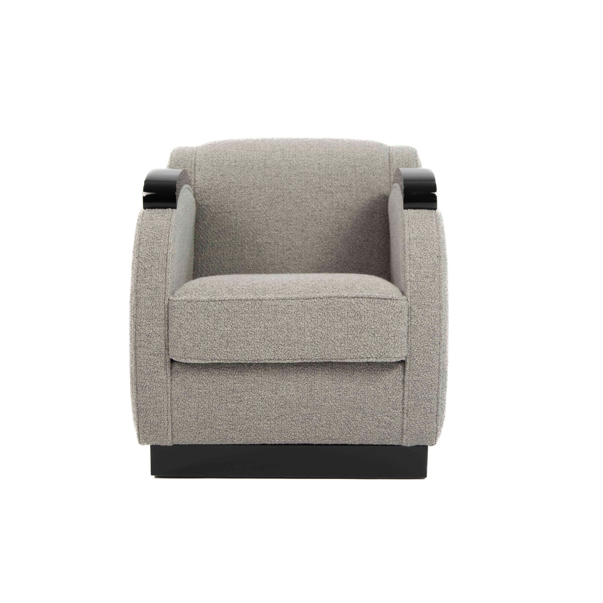 Fauteuil club Art Déco français Laque noire brillante et tissu bouclé gris, années 1930-photo-2