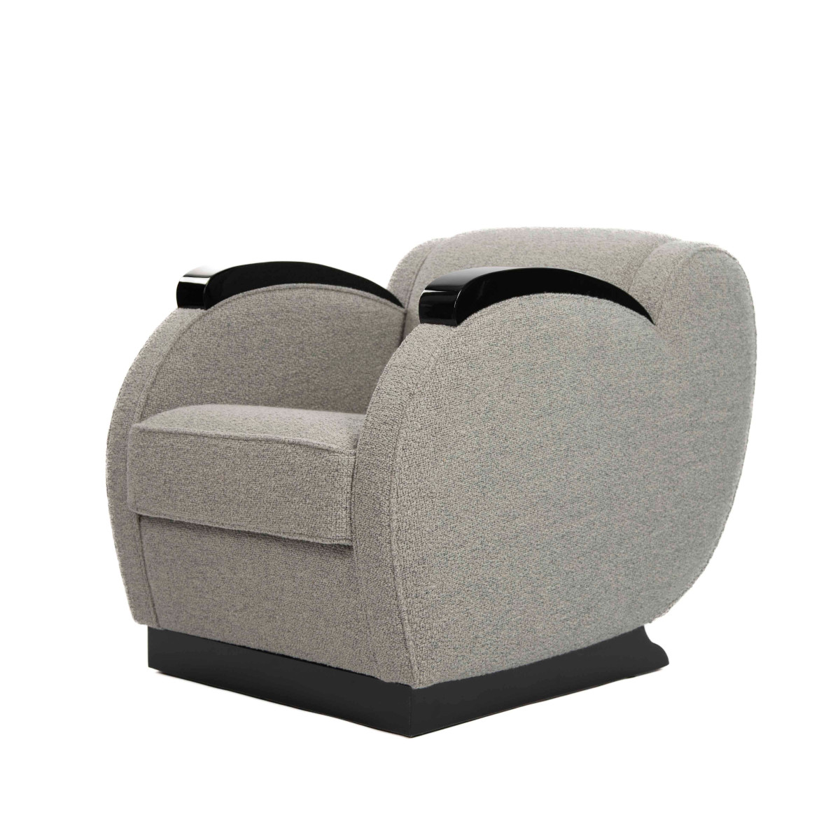 Fauteuil club Art Déco français Laque noire brillante et tissu bouclé gris, années 1930-photo-3