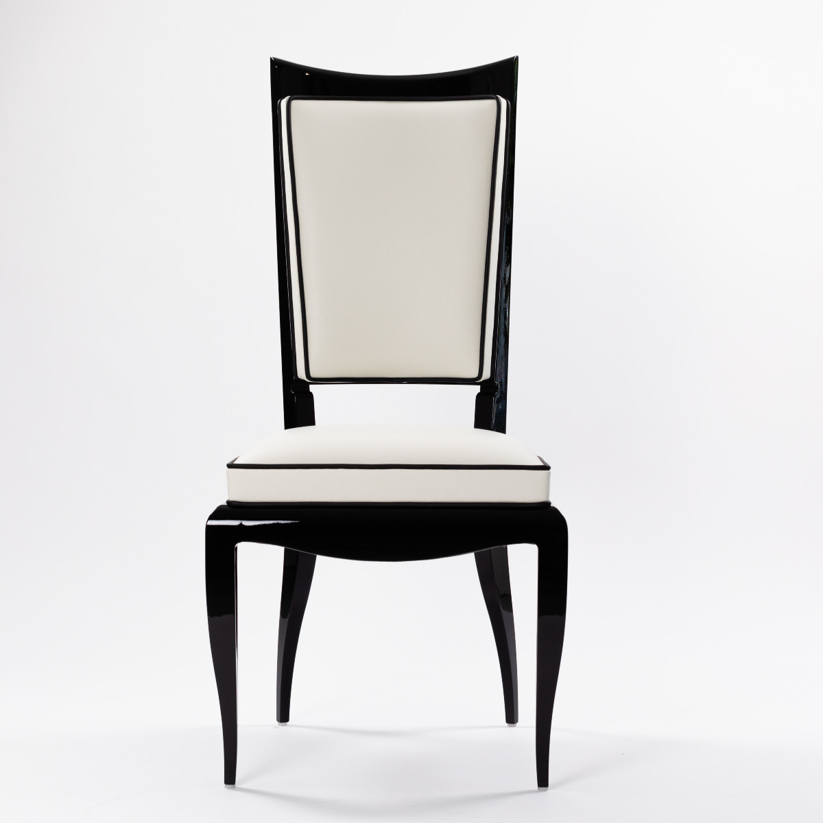 légante chaise Art déco avec dossier haut, laquée noire et cuir blanc cassé, années 1930 (1+6) -photo-2