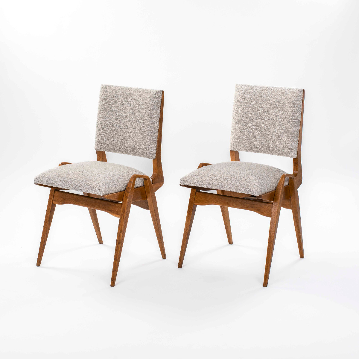 Pair Of Mid-century French Oak Chairs With Bouclé Fabric By Maurice Pré-photo-2