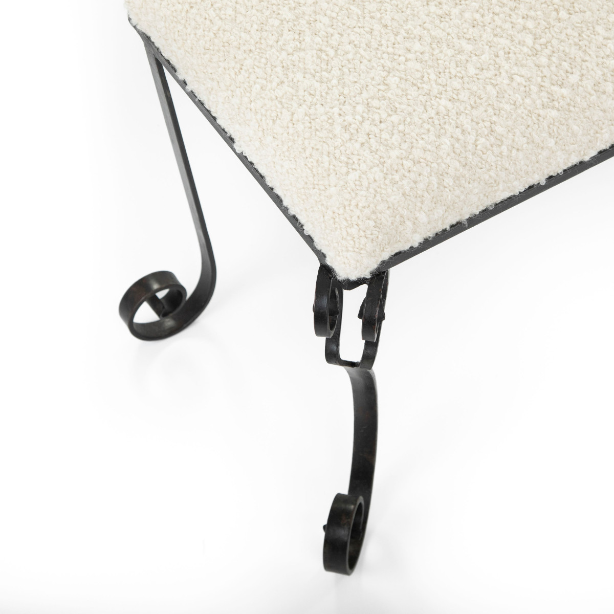 Banc Art Déco en fer forgé avec tissu bouclé blanc cassé années 1920-photo-4