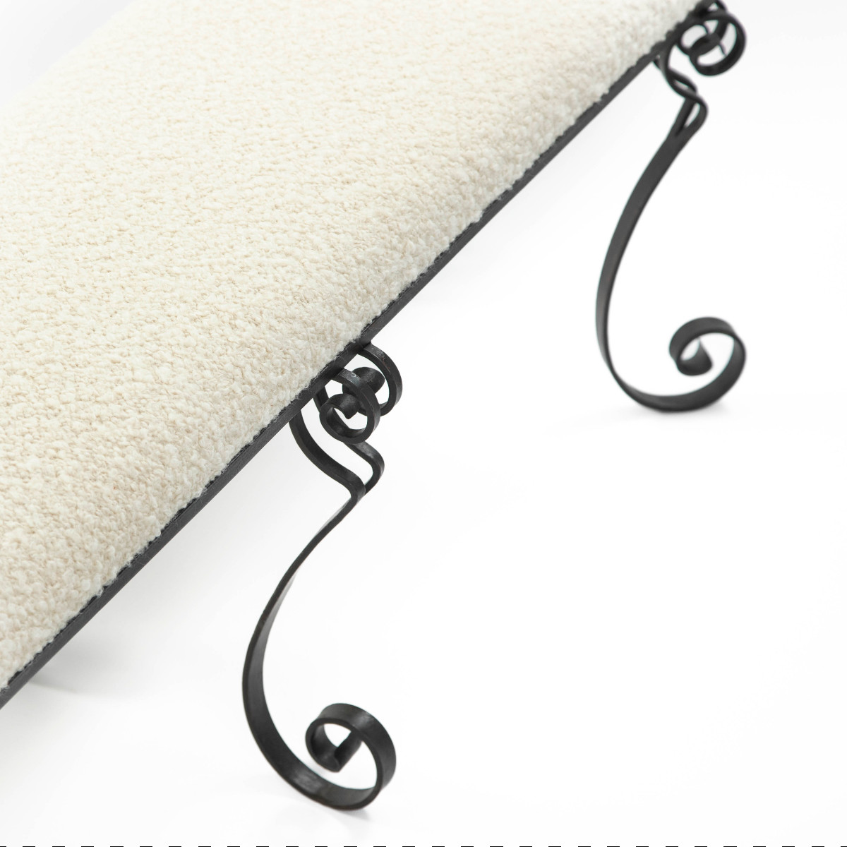 Banc Art Déco en fer forgé avec tissu bouclé blanc cassé années 1920-photo-1