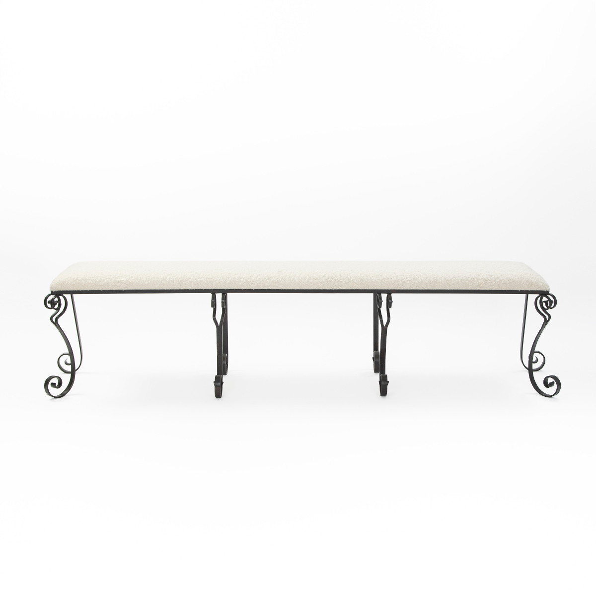 Banc Art Déco en fer forgé avec tissu bouclé blanc cassé années 1920-photo-5