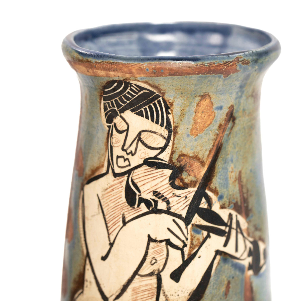 Paire de vases en céramique d'inspiration cubiste représentant des femmes jouant de la musique-photo-5