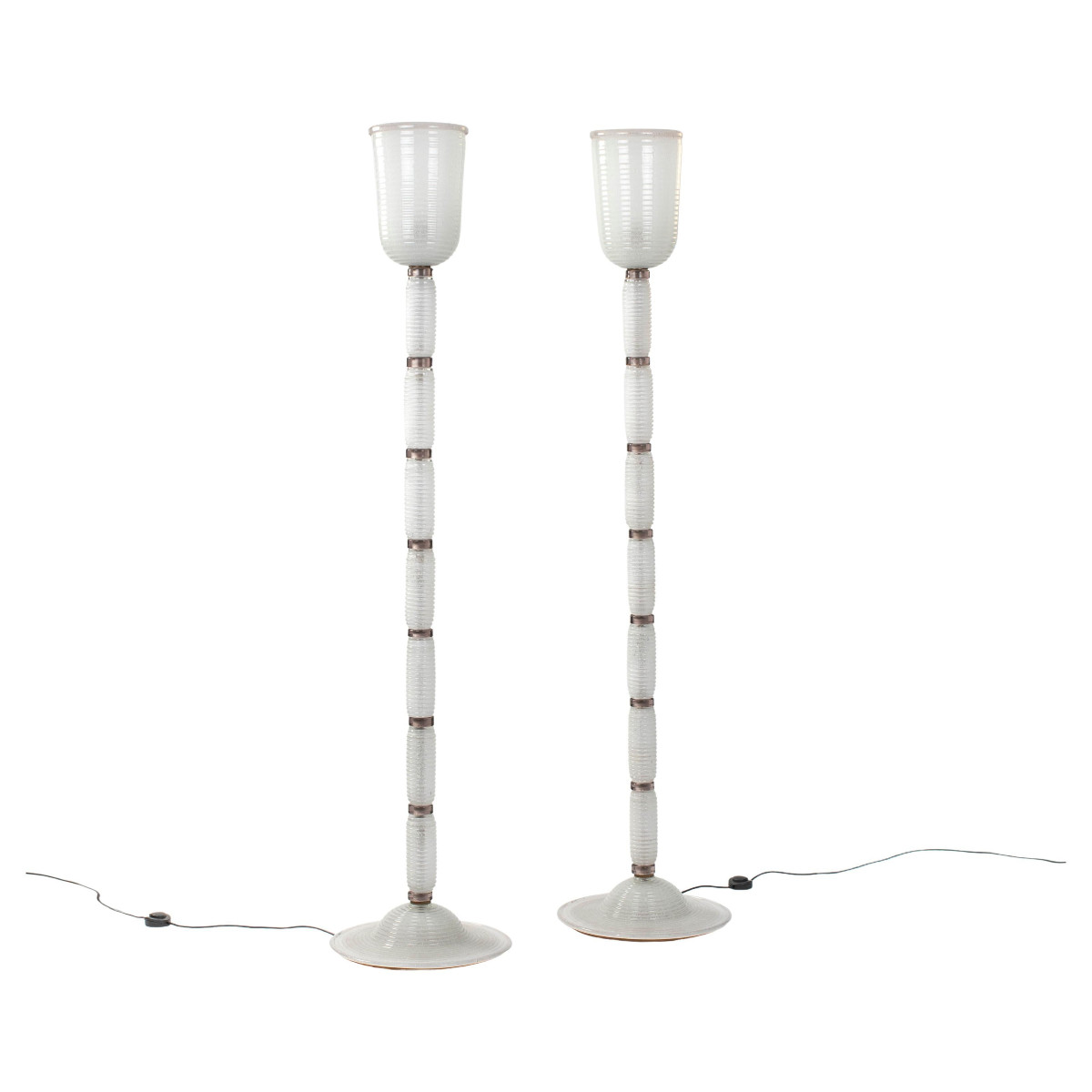 Pair Of Modern White-amethyst Colored Murano Glass Floor Lamps 1980s In The Style Of Barovier