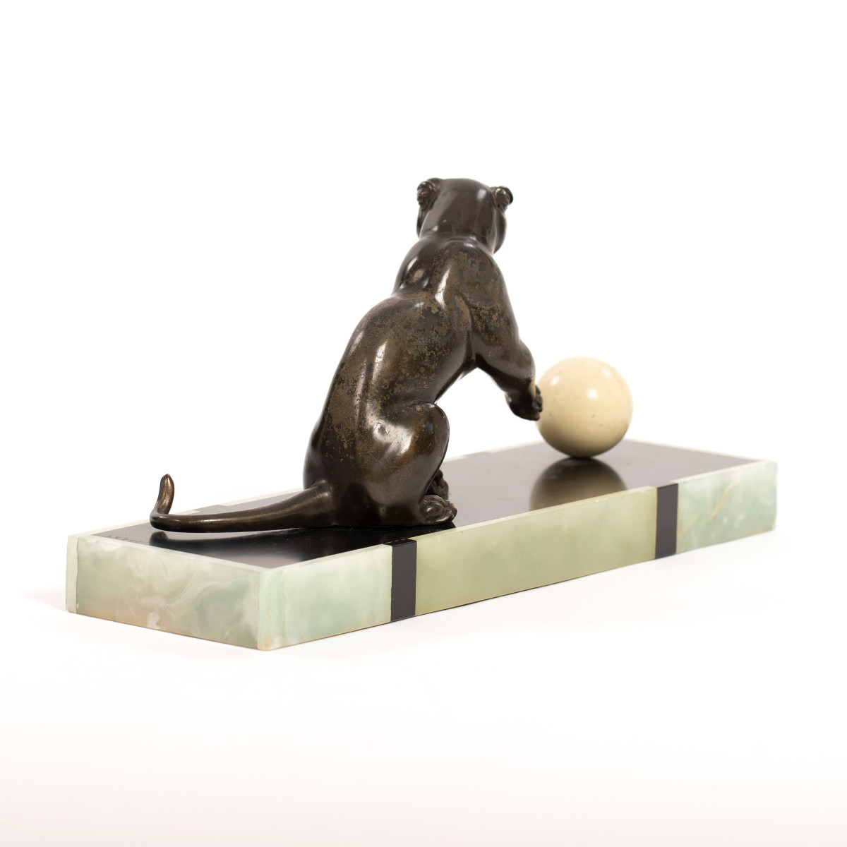 Panthère Art déco en bronze sur socle en marbre avec bordure en jade, signée à la main, LEDUC-photo-1