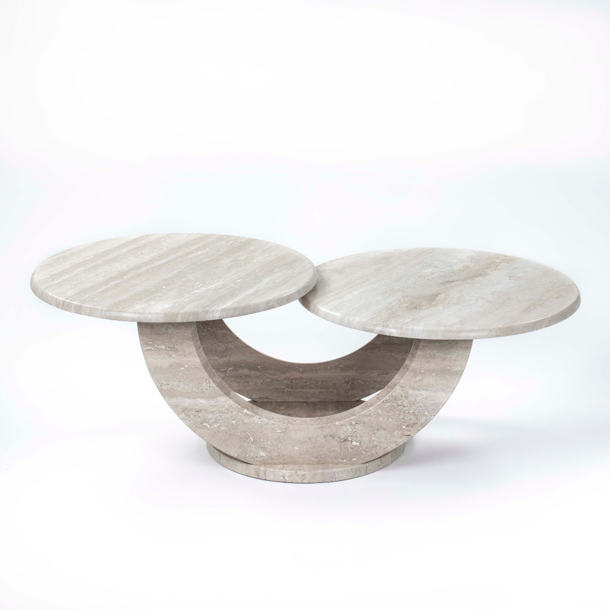 Table basse italienne ronde à deux niveaux en pierre travertin, années 1960-photo-3