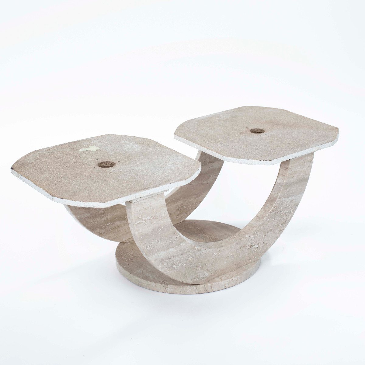 Table basse italienne ronde à deux niveaux en pierre travertin, années 1960-photo-6