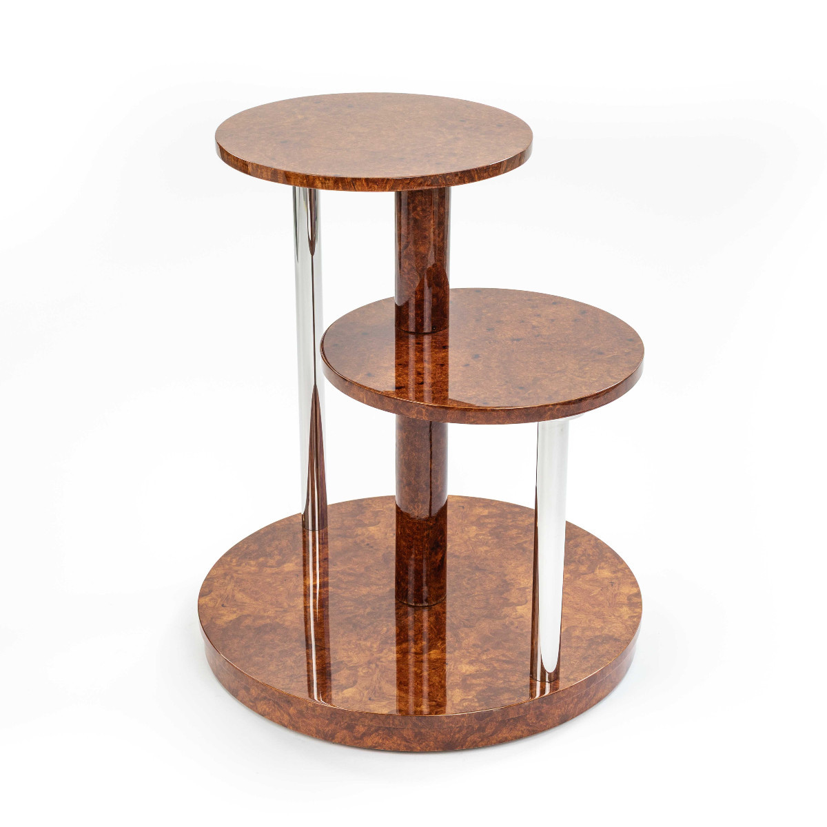 Table basse Art Déco à plusieurs niveaux en bois d'Amboyna et acier inoxydable, années 1930-photo-3