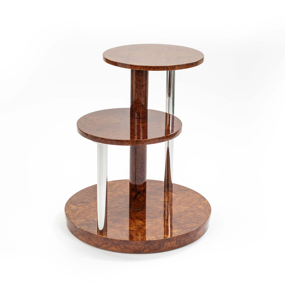 Table basse Art Déco à plusieurs niveaux en bois d'Amboyna et acier inoxydable, années 1930-photo-4