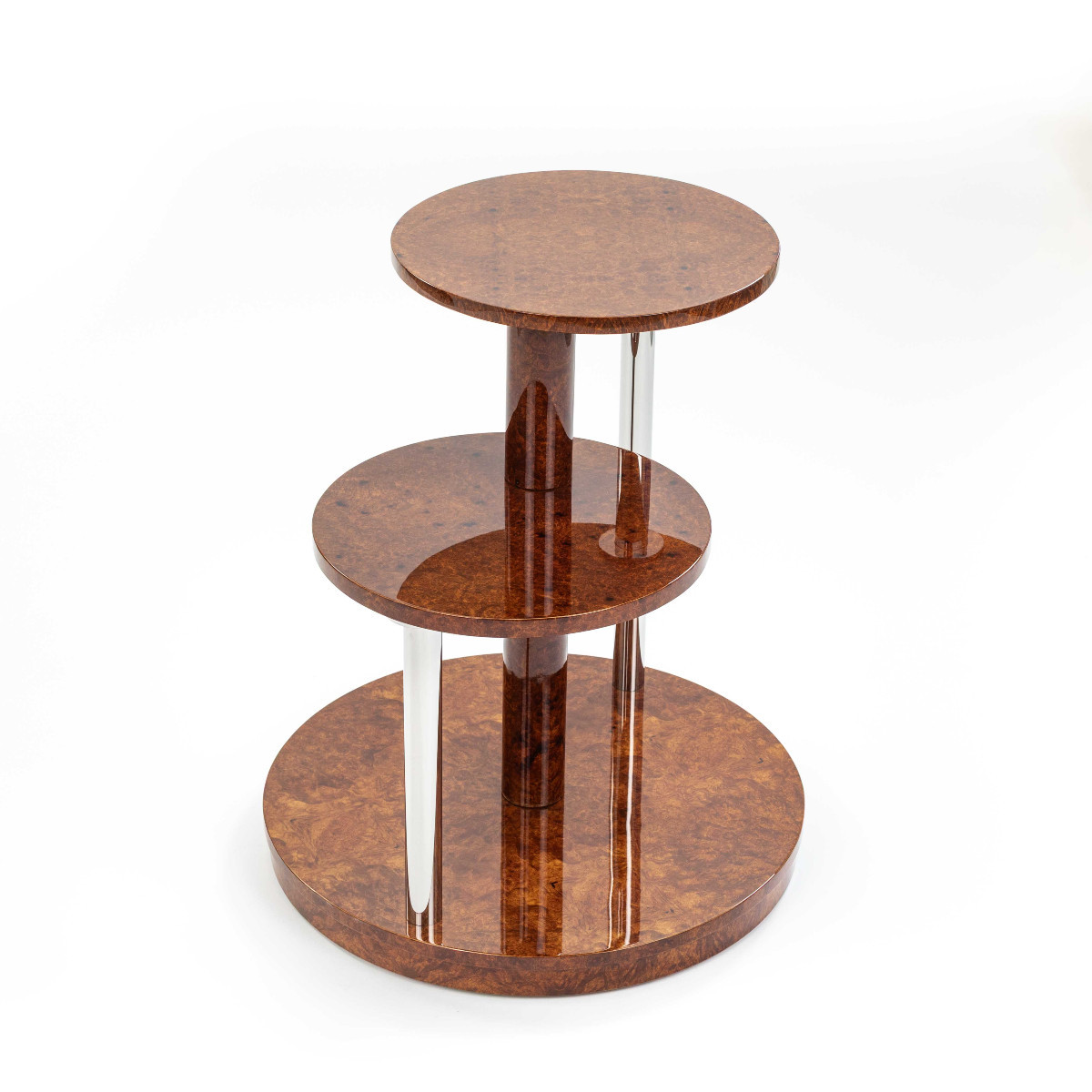 Table basse Art Déco à plusieurs niveaux en bois d'Amboyna et acier inoxydable, années 1930-photo-2